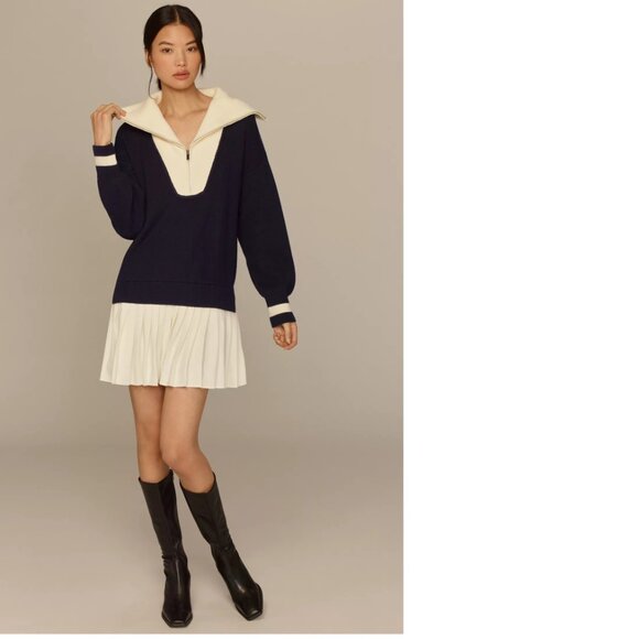 Anthropologie Flat White Varsity Sweater Twofer Mini Dress MP PM  new navy blUE - Picture 4 of 5